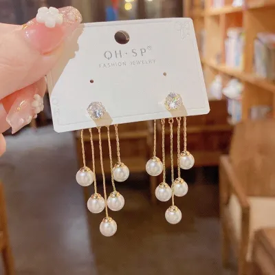 Beautiful Zircon White Pearl Tassel Earrings